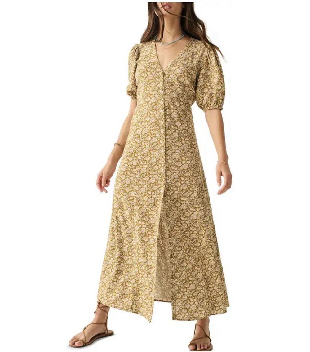 Faherty Havana Linen Blend Floral Midi Dress Olive Green Size Small Boho